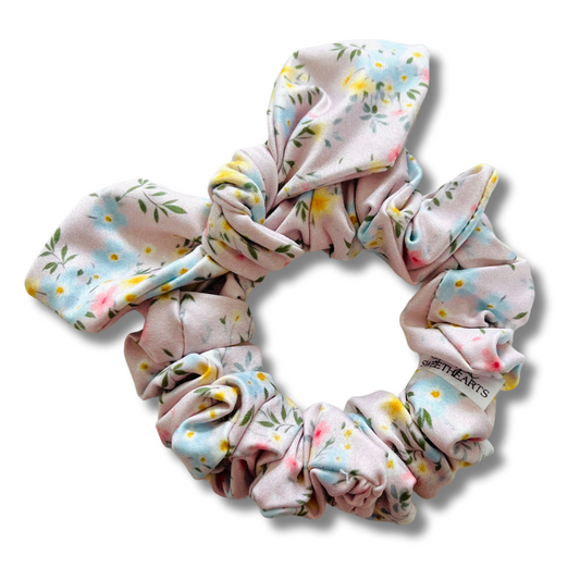 Mini Pink Flowers Bow Scrunchie  Sewing Sweethearts   