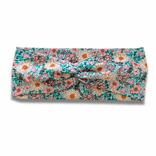 Aqua Daisies Sweetheart Headband (or removable tie option) Sewing Sweethearts Sweetheart