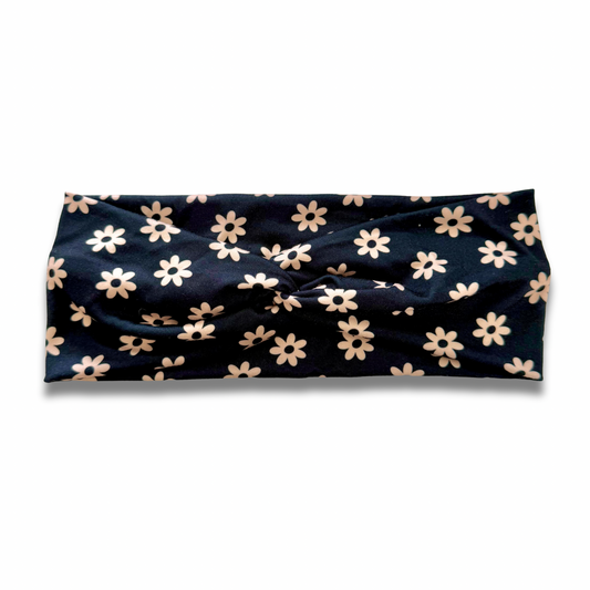 Daisies on Black Sweetheart Headband (or removable tie option) Sewing Sweethearts Sweetheart