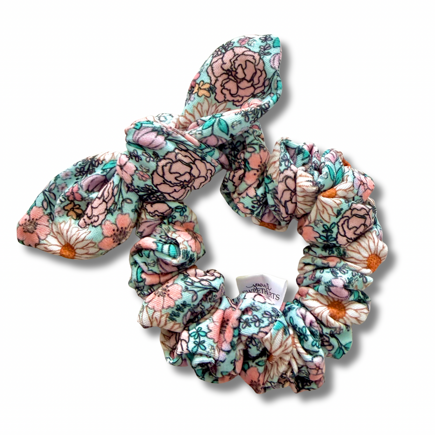 Aqua Daisies Bow Scrunchie Sewing Sweethearts