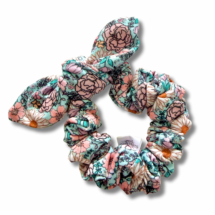 Aqua Daisies Bow Scrunchie Sewing Sweethearts
