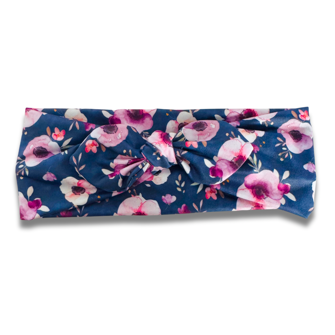 Purple Navy Floral Sweetheart Headband (or removable tie option) Sewing Sweethearts Sweetheart with Removable Tie