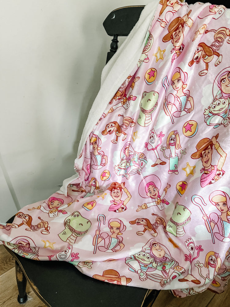 Toys on Pink Minky Blanket PREORDER (~4 weeks before shipping) Sewing Sweethearts