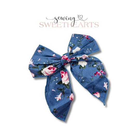 Dark Blue Flowers Fable Bow Clip Sewing Sweethearts