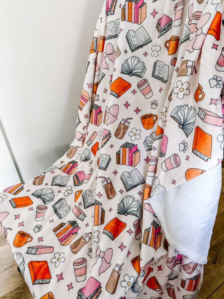 Books & Coffee Minky Blanket PREORDER (~4 weeks before shipping) Sewing Sweethearts