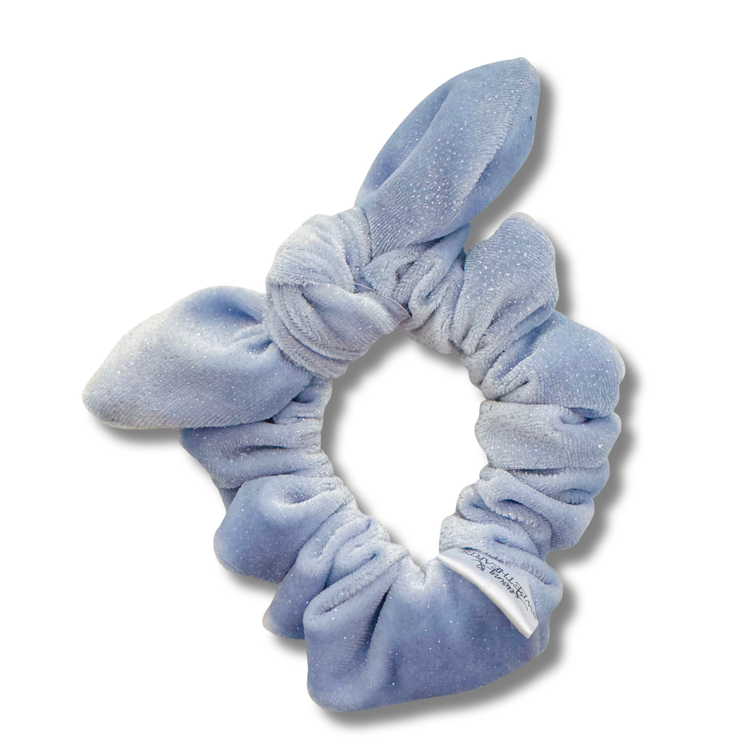 Icy Blue Glitter Velvet Bow Scrunchie Sewing Sweethearts