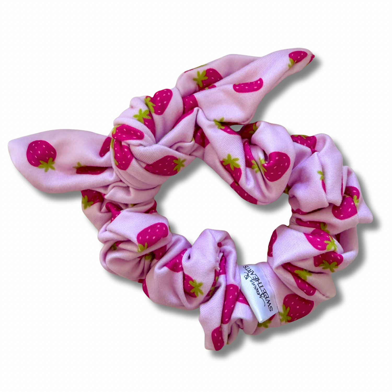 Pink Strawberries Bow Scrunchie Sewing Sweethearts